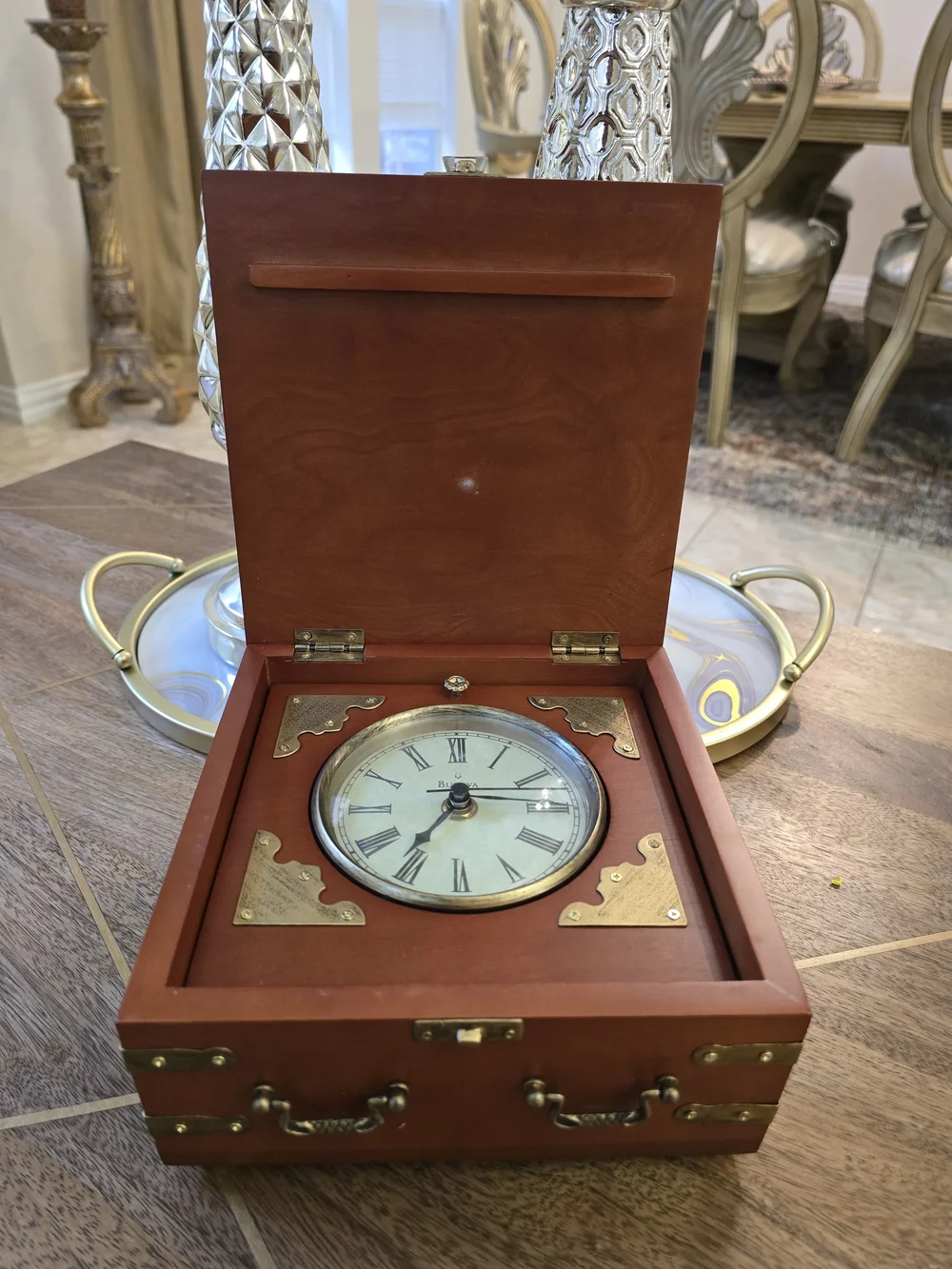 Bulova Wooden Box Wall Clock in Brown with Brass Accents
